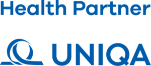 Logo mit dem Schriftzug „Health Partner“ über dem UNIQA-Logo, das aus einem blauen abstrakten Symbol und dem fettgedruckten blauen Schriftzug „UNIQA“ besteht und für die Privatversicherung steht.